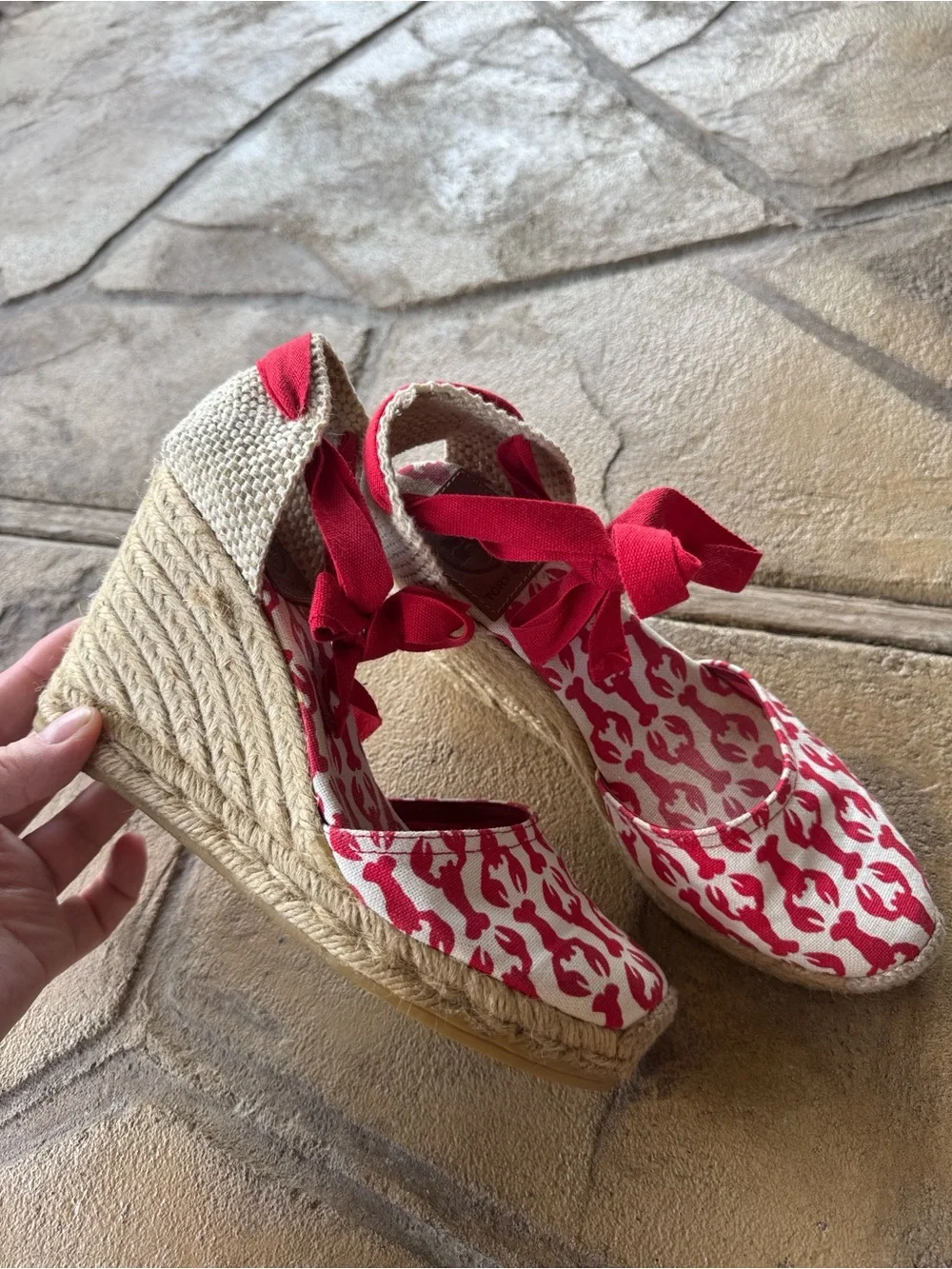 Tory Burch Lobster Print Wedge Wrap Espadrilles Ankle Tie Canvas EU 35 US 5